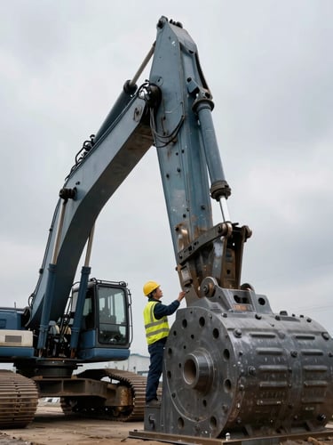 Industrial editorial photography of a technical inspector examining a massive steel excavator joint, dramatic overcast daylight, desaturated steel and blue tones, wide-angle heroic framing, 35mm