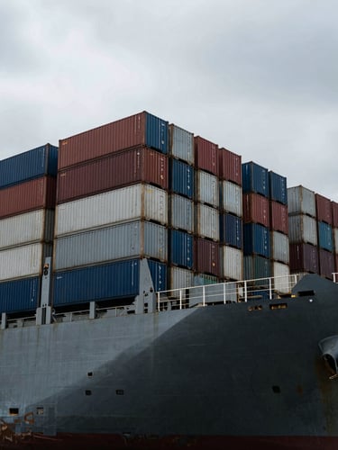 Low-angle heroic shot of a massive cargo vessel at a shipping terminal, steel containers stacked high under dramatic overcast daylight, desaturated steel and blue tones, 35mm