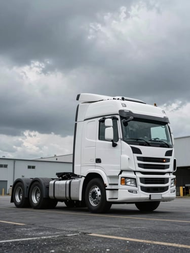 Low-angle heroic shot of a clean white modern semi-truck cab parked on an industrial asphalt yard, dramatic overcast sky, desaturated steel tones, 35mm