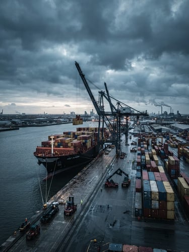 Industrial shipping port at dawn with massive gantry cranes loading steel containers onto a cargo ship, desaturated steel blue tones, dramatic overcast sky, wide-angle heroic framing