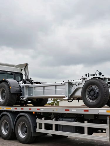 Low-angle heroic shot of a heavy-duty transport trailer carrying a pristine commercial truck chassis, harsh overcast lighting highlighting metallic textures