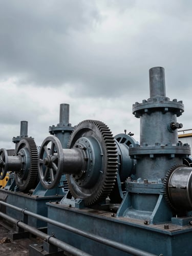 A close-up of heavy industrial machinery gears and hydraulic pistons under dramatic overcast daylight, desaturated steel tones, 35mm.