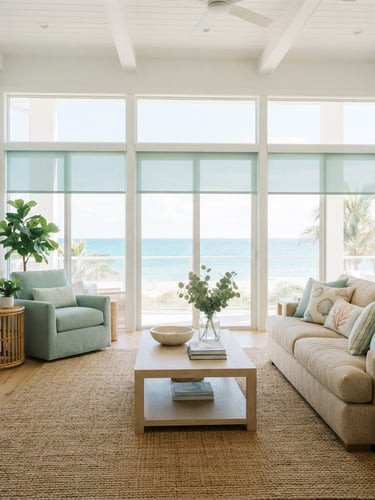 Bright high-key interior photography of a sun-drenched beachside living room in Florida, wide windows fitted with clean seafoam motorized shades, soft morning sunlight, 35mm