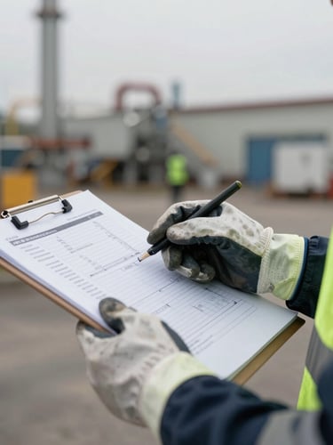Close-up industrial documentary photography of a safety engineer's hands reviewing technical documentation on a clipboard, wearing safety gloves, with a blurred industrial background, natural overcast daylight, desaturated tones with safety green accents, 35mm.