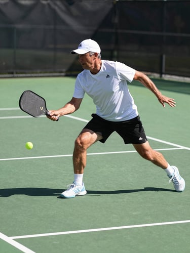 Action shot of a mature athlete in dynamic motion playing pickleball under bright Alberta sunlight, high contrast, vibrant green court, shallow depth of field, 35mm