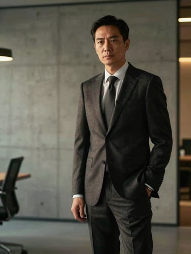 Cinematic executive portrait of a business leader in a dark tailored suit, low-key gold lighting, modern minimalist concrete office background, sharp focus, negative space on the left.