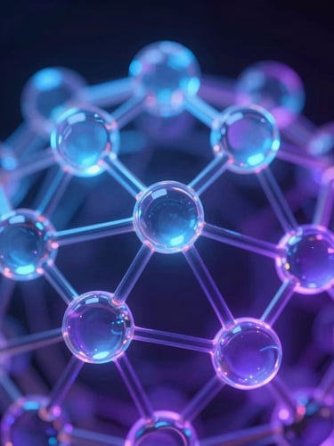 Macro close-up of abstract 3D glassmorphic nodes, glowing network topologies under dark room ambient lighting with neon blue and violet screen glows