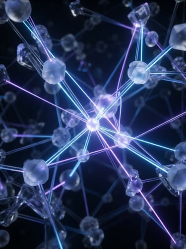 Macro close-up of a glassmorphic network topology, glowing neon blue and violet laser lines, dark ambient studio lighting, futuristic 3d render