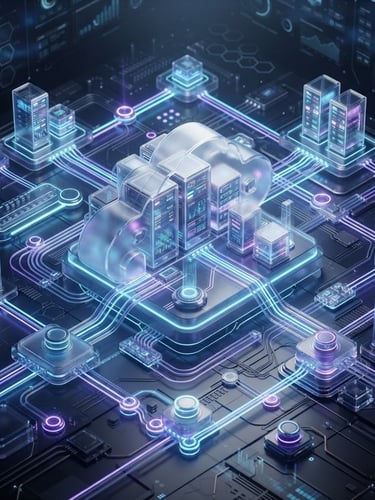 Futuristic isometric 3D render of a glowing glassmorphic cloud server network topology, dark ambient studio lighting with neon blue and violet accents, octane render