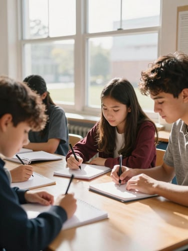 Bright natural daylight streaming through classroom windows, high school students collaborating on a project with notebooks, authentic educational setting, warm natural tones, 35mm lens