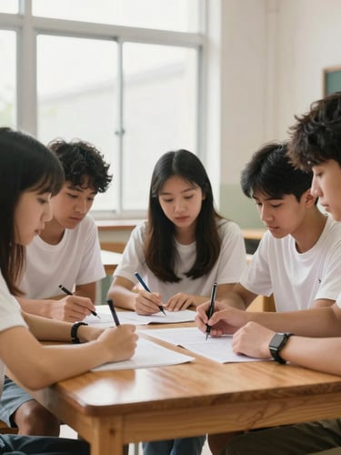 Bright classroom setting with high school students collaborating on a project around a wooden table, natural window light, authentic learning environment, 35mm lens