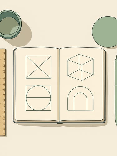 Overhead flatlay of clean workspace, open notebook with hand-drawn geometry sketches, wooden ruler, soft natural daylight, cream and sage tones