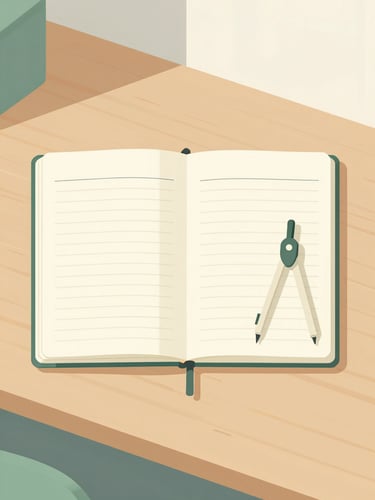 Overhead flatlay of a clean wooden desk, an open notebook with structured diagrams, a compass, and soft daylight from the side.