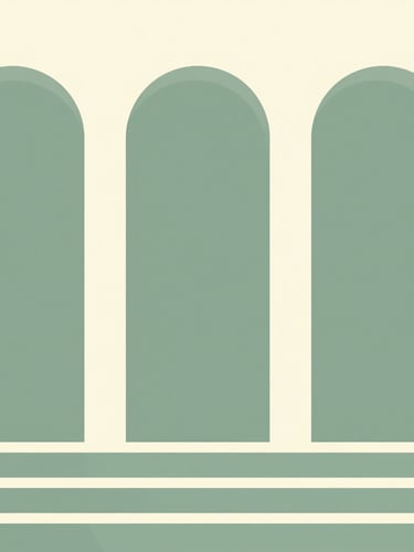 Minimalist vector illustration of clean architectural arches and steps leading upwards, flat cream and sage green palette, modern editorial style