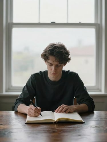 Clean, centered medium shot of a quiet, focused individual workspace with a single open journal and a pen on a dark oak desk, soft natural light from an overcast window, ample negative space.