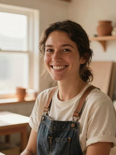 A candid close-up of a local business owner smiling in her brightly lit workshop, warm sand and terracotta tones, natural window light, shallow depth of field