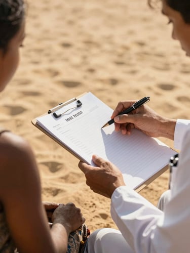Hands of a healthcare worker gently explaining a chart to a mother in a warm sand-colored clinic room, natural golden-hour daylight, shallow depth of field.