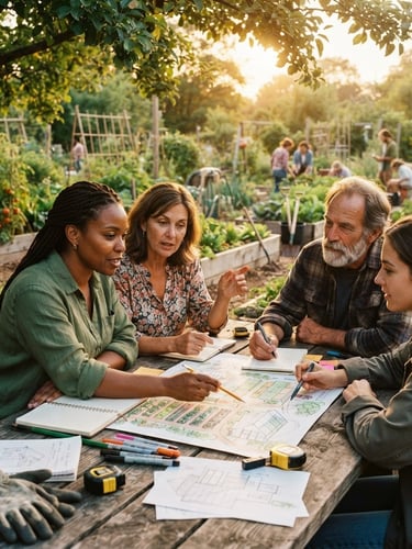 Candid medium shot of local leaders and organizers mapping a community garden project on a wooden table, warm golden-hour light filtering through leaves, rich organic tones