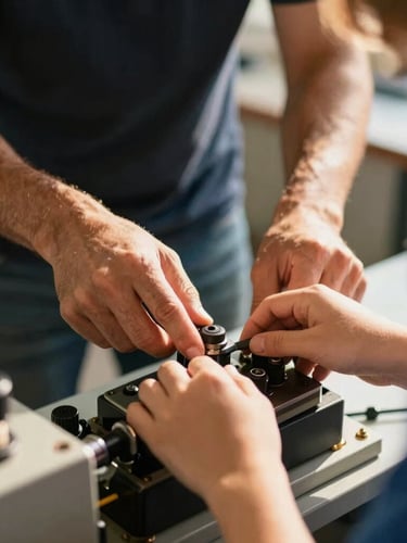 Candid close-up of hands-on vocational training, a mentor guiding a student's hands on a modern piece of machinery, warm natural light, shallow depth of field.