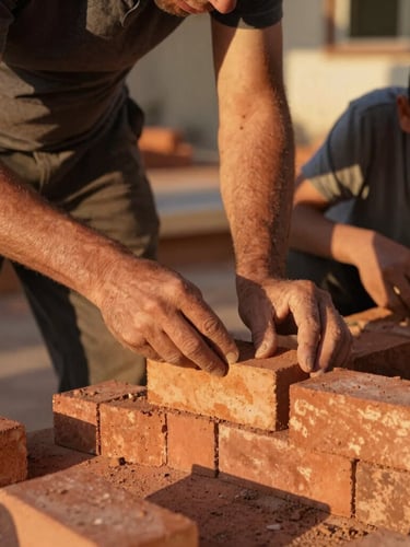 A close-up documentary shot of a local mason teaching a young apprentice how to lay terracotta bricks, warm golden hour light casting long shadows.