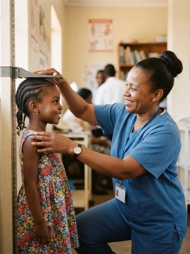 Candid medium-up shot of a local nurse smiling warmly while checking a child's height in a bright, sunlit community clinic, soft natural overcast light, authentic documentary style.