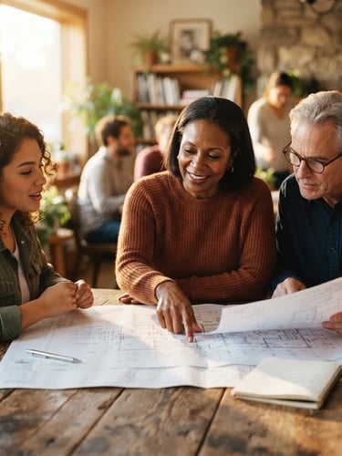 A warm-toned candid medium shot of community leaders in a sunlit room, reviewing architectural blueprints together on a wooden table, natural golden-hour daylight, shallow depth of field.