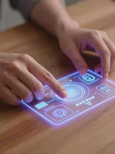Hands interacting with a glowing digital interface projection on a wooden table, soft warm light blended with subtle purple neon, shallow depth of field