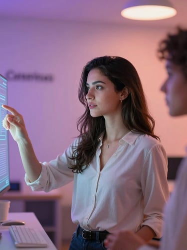 A professional woman in a modern educational space in Campinas, interacting with a subtle glowing digital interface, soft purple and coral ambient lighting, natural focus, shallow depth of field