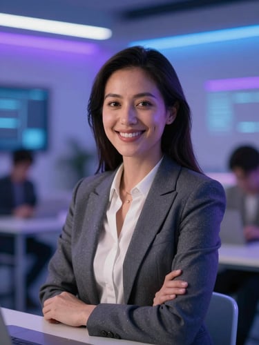 Medium shot of a professional woman smiling warmly in a modern educational space with soft blue and purple technological ambient light, professional editorial photography