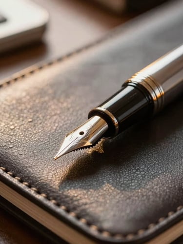 Extreme close-up of a premium fountain pen resting on a dark leather portfolio, warm golden hour light reflecting off the metallic clip, shallow depth of field, executive boardroom atmosphere.