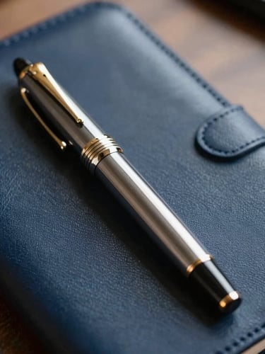 Close-up of a luxury fountain pen resting on a dark blue leather portfolio, warm side lighting, executive discretion concept