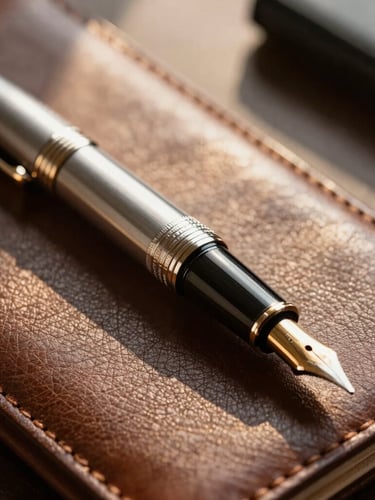 Extreme close-up of a luxury fountain pen resting on a leather portfolio, warm golden-hour light cutting through executive office shadows, shallow depth of field.