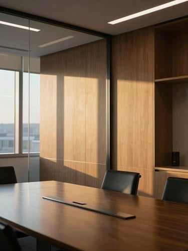 Minimalist architectural detail of a premium hospital boardroom, golden hour light reflecting off glass and dark wood, professional and prestigious atmosphere.