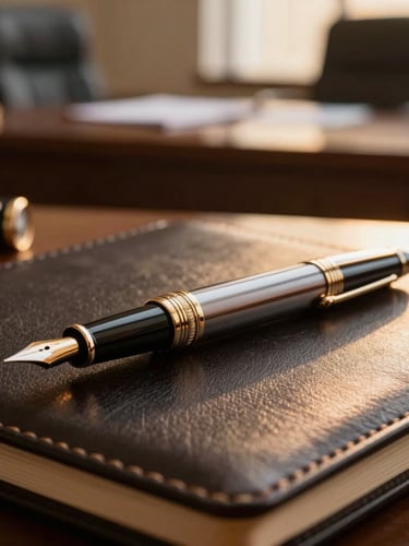 An elegant close-up of a luxury fountain pen resting on a dark leather portfolio, warm golden-hour light catching the metallic details, soft out-of-focus executive boardroom background.