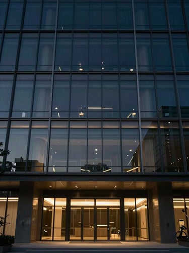 Low-key cinematic lighting on a modern architectural glass facade of a premium medical center at dusk, deep navy shadows, subtle brushed gold highlights, off-center composition.