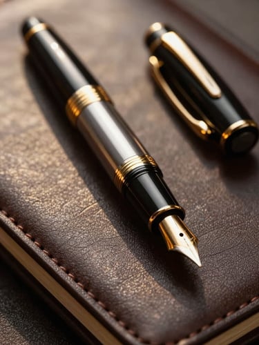 Extreme close-up of a luxury fountain pen resting on a dark leather portfolio, warm golden-hour light casting soft shadows, representing formal agreements and elite diplomacy.
