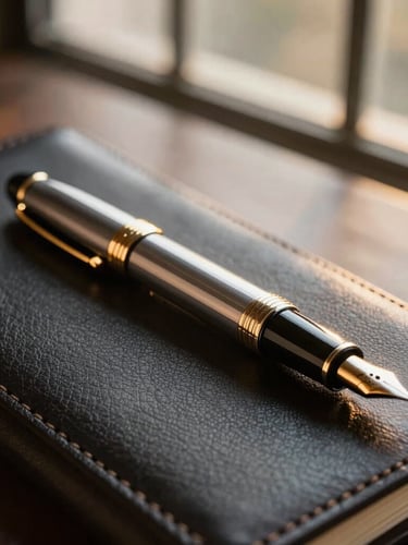 An elegant, cinematic close-up of a luxury fountain pen resting on a dark leather portfolio, warm golden hour light reflecting off the metallic accents, soft focus architectural glass in the background.