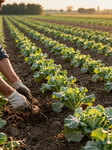 Wide landscape frame, golden-hour light raking across a working vegetable field, a farmer's gloved hands pulling root vegetables from dark soil in the foreground left, rows of green crops receding into soft background, natural warm afternoon sun casting long shadows across the earth