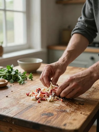 Close-up of two hands arranging raw ingredients on a worn wooden prep table, natural light streaming from a tall kitchen window to the left, scattered herbs and a small ceramic bowl in soft focus behind, warm editorial documentary framing