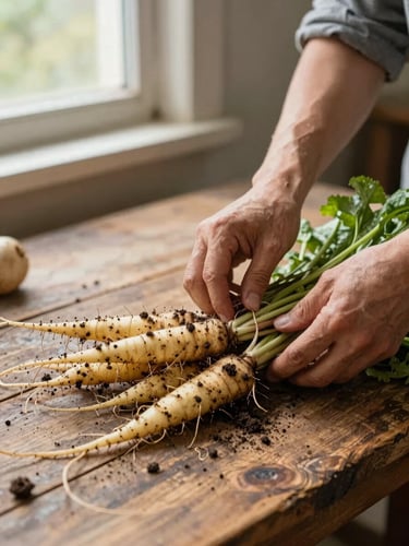 Close-up of two pairs of hands sorting freshly harvested root vegetables on a weathered wooden farm table, natural daylight from a side window, soil still visible on the roots, one hand mid-motion placing a bunch to the left
