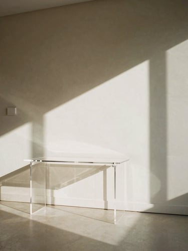 A low-angle architectural shot of a minimalist high-ceilinged apartment, sharp afternoon sunlight casting dramatic geometric shadows, a clear acrylic console table in the foreground, 35mm