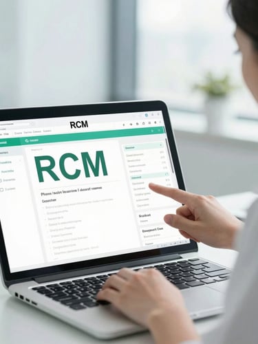 Close-up of a professional medical practice manager reviewing a clean digital RCM dashboard in a bright, modern clinical workspace, cool daylight.