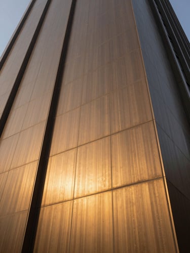 Low angle close-up of brushed bronze architectural cladding on a modern tower in Dubai, soft golden hour light reflecting off the metallic surface.