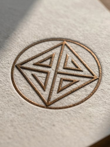Extreme close-up of heavy cotton archival paper with a blind debossed geometric seal, textured bronze accents, soft morning light with architectural shadows.