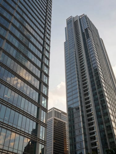Low-angle architectural detail of towering modern glass and steel skyscrapers in Singapore's Marina Bay, captured during golden hour with soft warm light reflecting off geometric surfaces.
