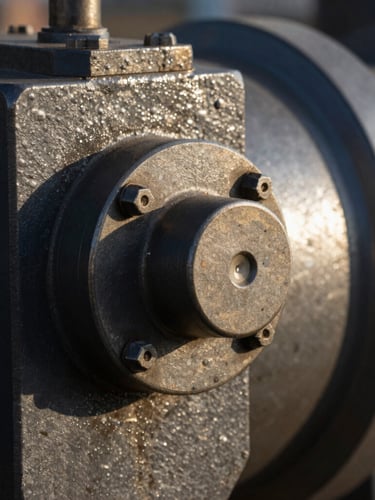 Extreme close-up of a rugged telemetry sensor bolted to a heavy steel industrial component, harsh high-contrast sunlight reflecting off the metal, sharp focus, industrial editorial style.