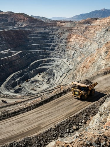 Wide-angle industrial editorial photography of a massive open-pit mine in Utah, harsh high-contrast sunlight casting deep shadows on tiered rock faces, giant haul truck climbing a dirt ramp, sharp focus, navy and gold tones.