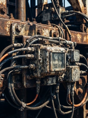 Extreme close-up of heavy telemetry hardware mounted to a rusted steel drill rig, harsh high-contrast sunlight, deep navy shadows, sharp focus.