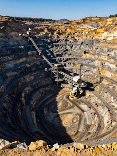 Wide environmental shot of a massive open-pit mine in the Mountain West, harsh midday sun casting deep shadows across stepped rock terraces, high-scale machinery visible.