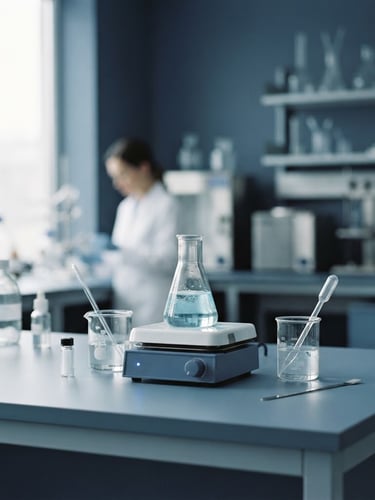 A minimalist laboratory setting with clean glass surfaces and slate blue tones under soft diffused daylight, shallow depth of field, 35mm